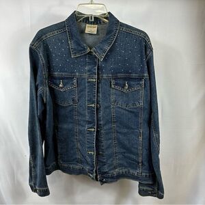 EUC Decorated Originals Sz L  Rhinestone Embellished Dark Blue Denim Jean Jacket